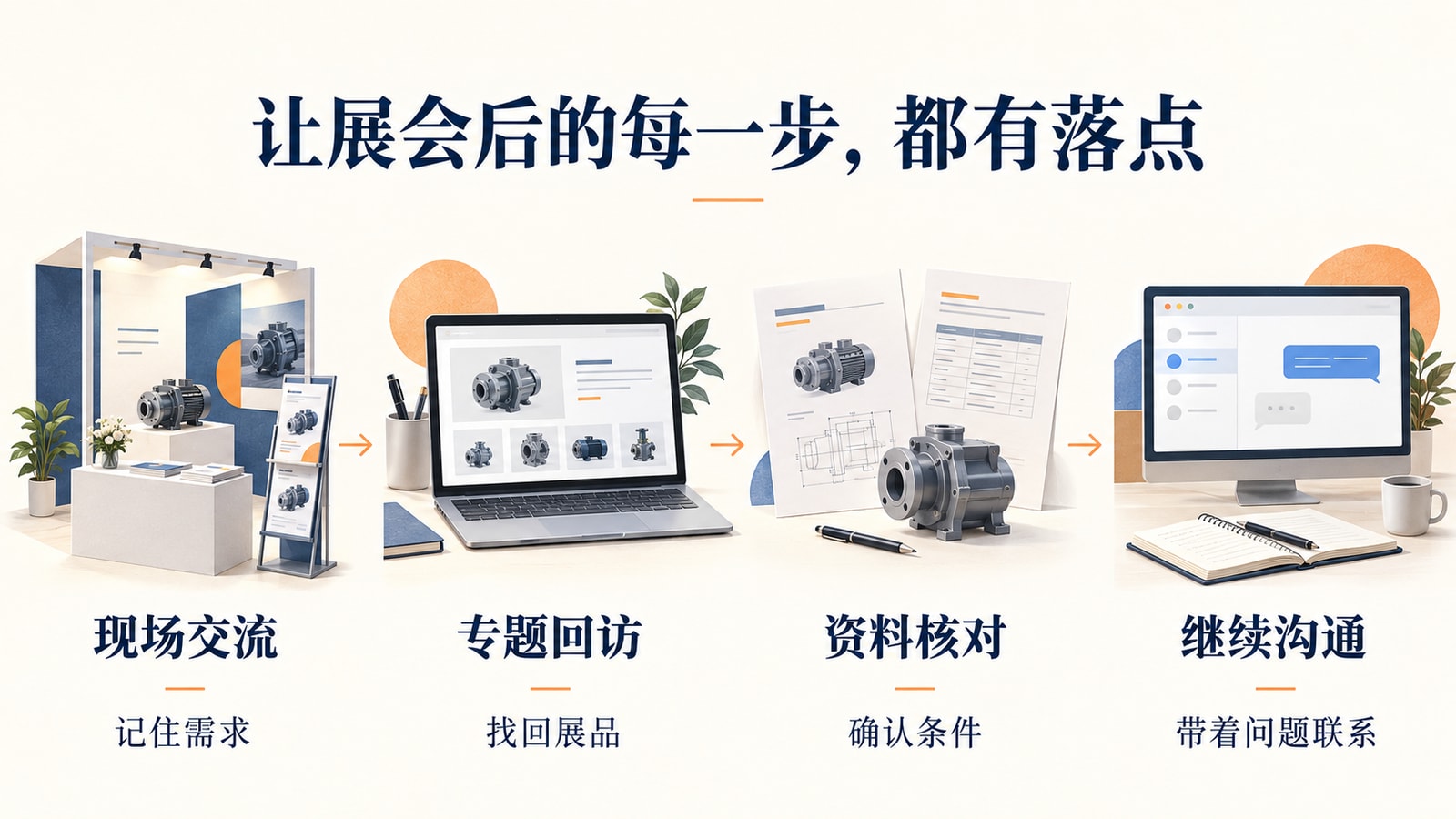 展会现场交流、专题回访、资料核对和继续沟通四个阶段，以及各阶段需要承接的信息