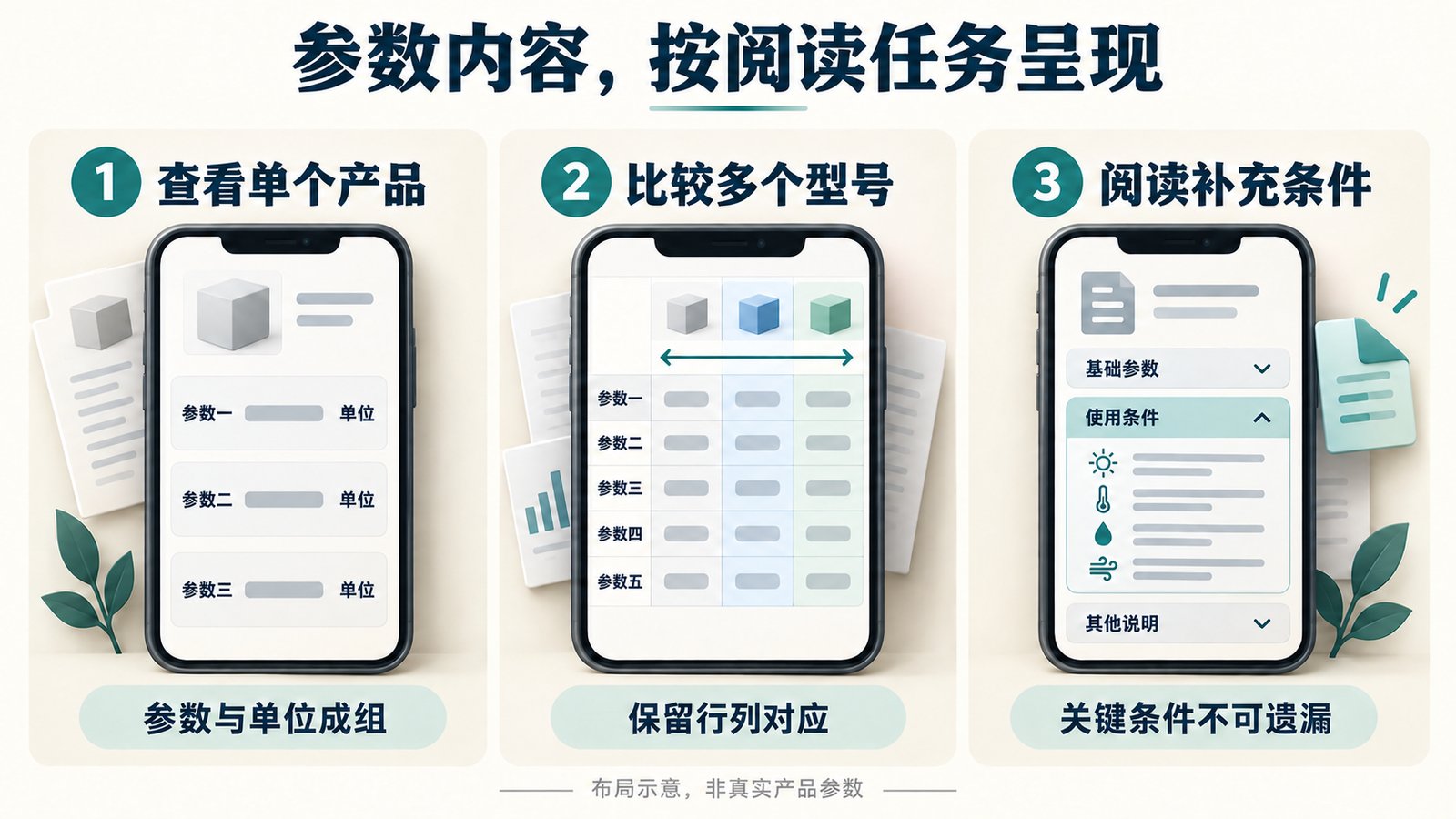 按照查看单品、比较型号和阅读条件选择参数呈现方式