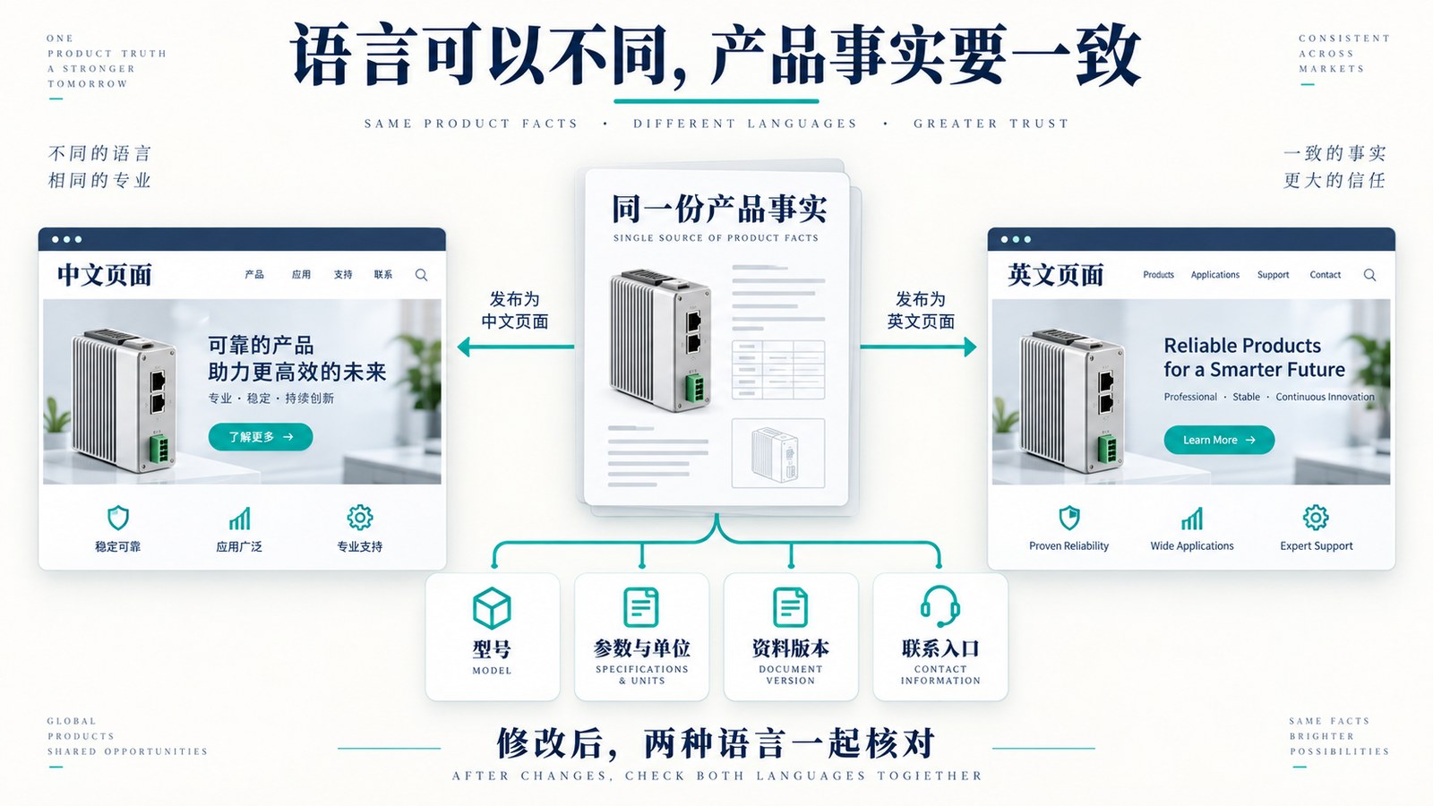 同一份产品事实分别支撑中文和英文页面并核对型号参数资料版本与联系入口